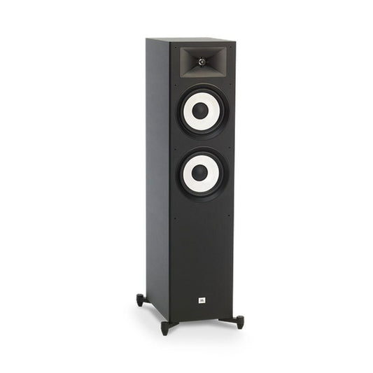 Black JBL Stage A190 floorstanding loudspeaker with dual 8" woofers and a 1" aluminum dome tweeter.
