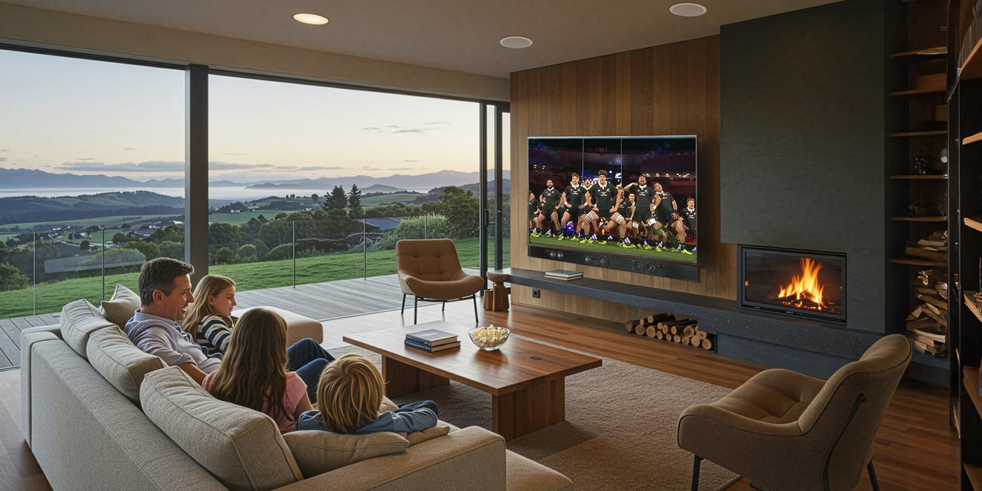 Family on a sofa watching rugby on a large TV with a TruAudio soundbar in a modern living room with a fireplace and scenic view.