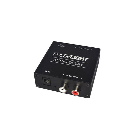 Black Pulse-Eight Audio Delay box with L/R phono input/output, DC 5V port, and delay range text.