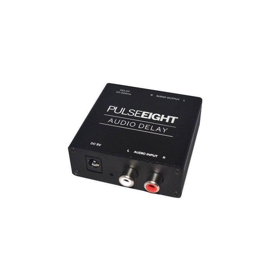 Black Pulse-Eight Audio Delay box with L/R phono input/output, DC 5V port, and delay range text.