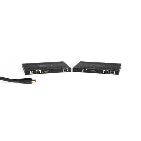 Two slim black Pulse-Eight neo:Ultra HDMI extenders with various ports, alongside an HDMI cable.