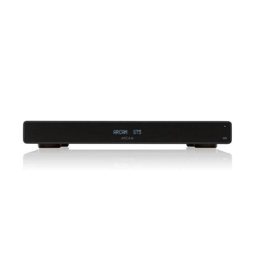Black Arcam ST5 streamer with a sleek, minimalist design and a digital display showing "ARCAM ST5".