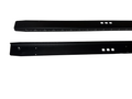 Two long black metal mounting rails or brackets with pre-drilled holes and small rectangular cutouts, laid horizontally on a white fabric background.