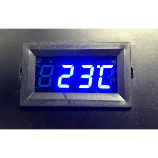 Black rectangular temperature display for Techmount racks with bright blue LED showing "23°C".