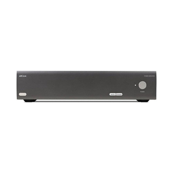 Dark gray Arcam power amplifier with silver buttons and minimalist design.