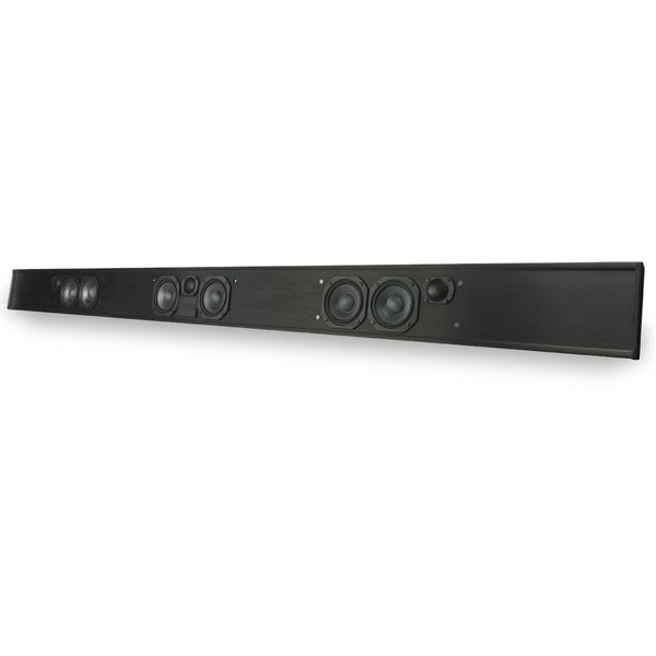 Sleek black soundbar with multiple visible speaker drivers, angled for immersive audio.