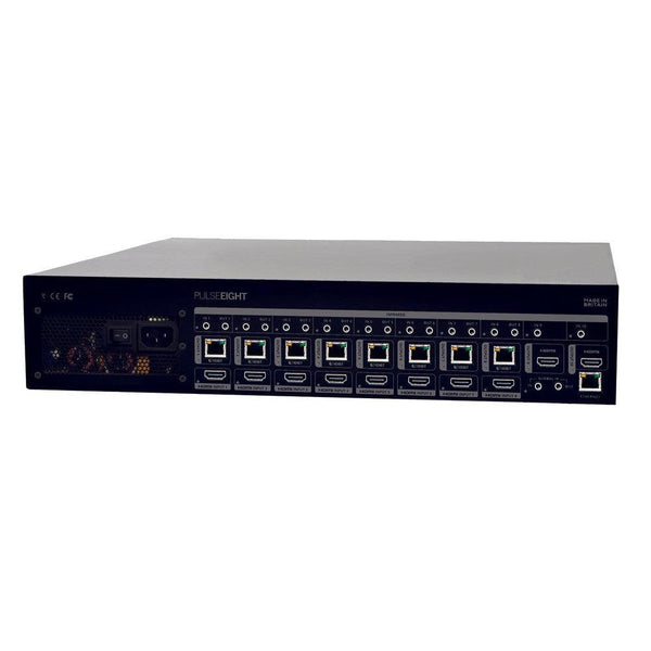 Black Pulse-Eight video matrix switcher with multiple HDMI and Ethernet ports.