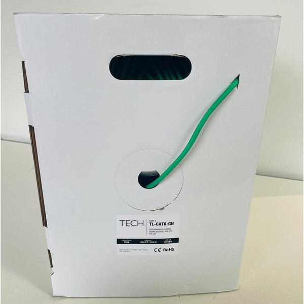 White cardboard box with "TECH TL-CAT6-GN" label, dispensing bright green network cable.