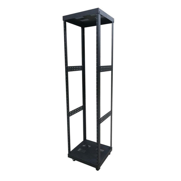 Black open-frame server rack on wheels, featuring perforated top and bottom panels.