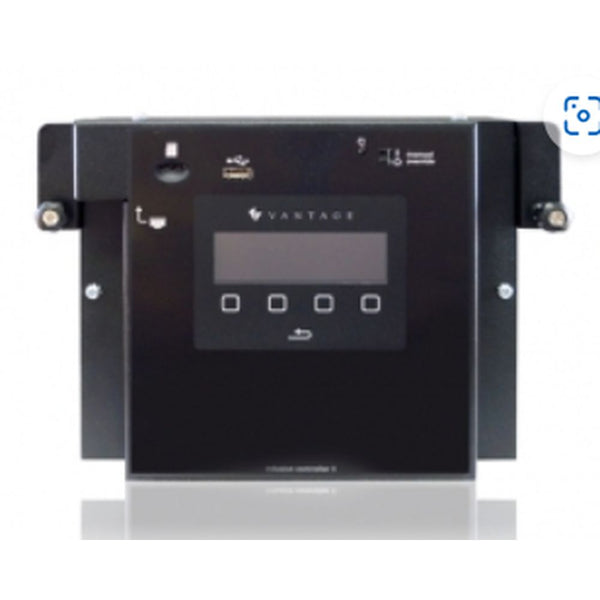 Black Vantage Controls smart home automation system with digital display and USB ports.