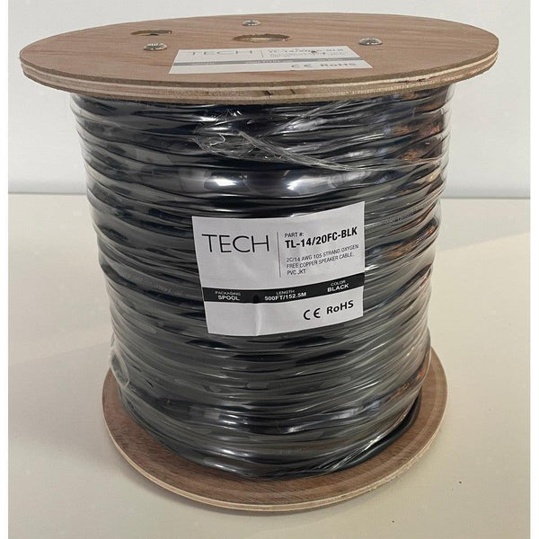 Large spool of black speaker wire with a white "TECH TL-14/20FC-BLK" label.