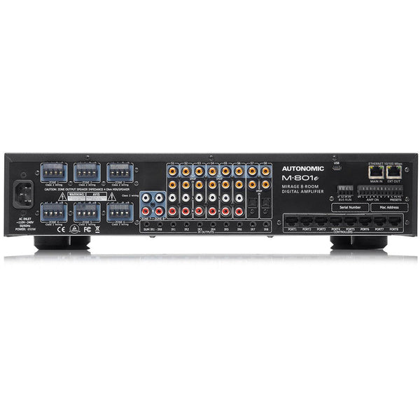 Rear view of a black Autonomic M-801e Mirage 8-Room Digital Amplifier with various audio and network ports.