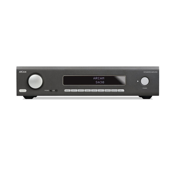 Dark gray Arcam SA30 integrated amplifier with silver knobs and a central digital display.