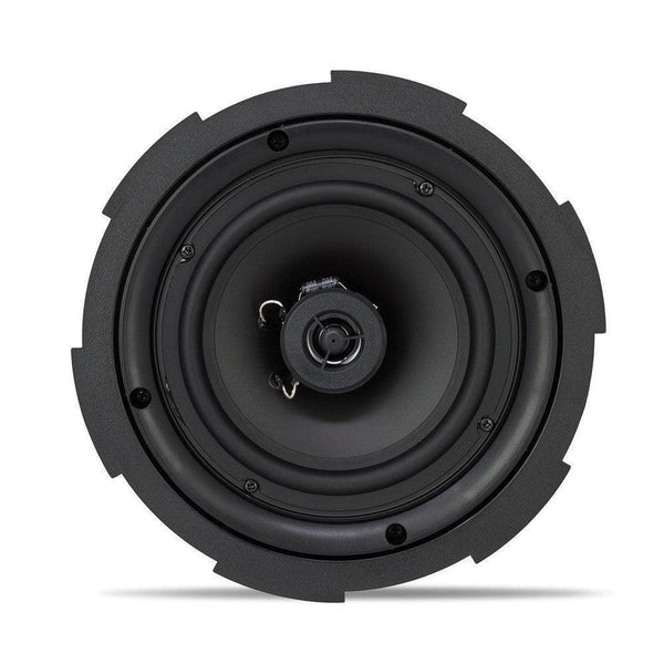 Black round car audio speaker with a central tweeter and a textured mounting ring.