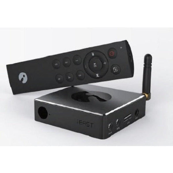 Black "iEAST" media hub with an antenna and a matching remote control.