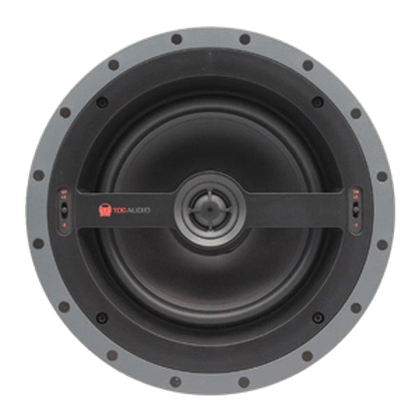 Round TDG Audio in-ceiling speaker with a dark gray frame and black cone.