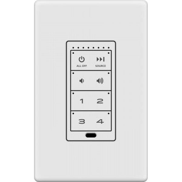 White in-wall music server control panel with black buttons for power, source, volume, and numbered zones.