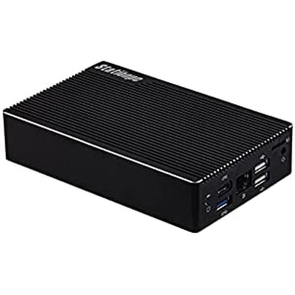 Compact black mini PC with ribbed top surface and multiple USB and network ports on the front.