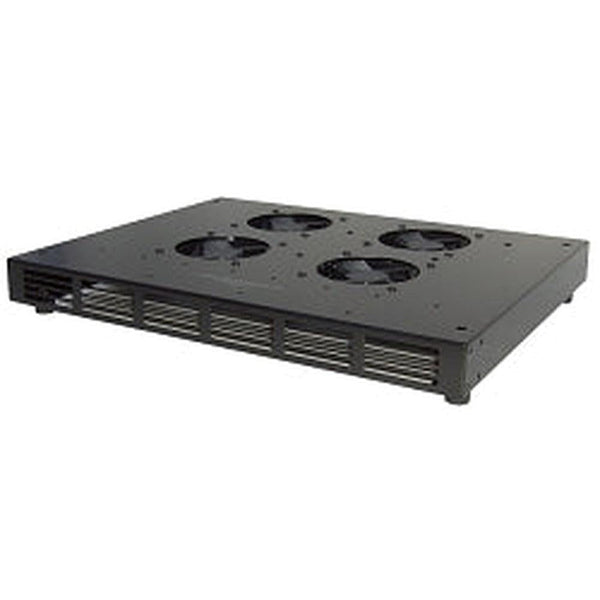 Black rackmount cabinet cooling unit with four top-mounted fans and front ventilation slots.