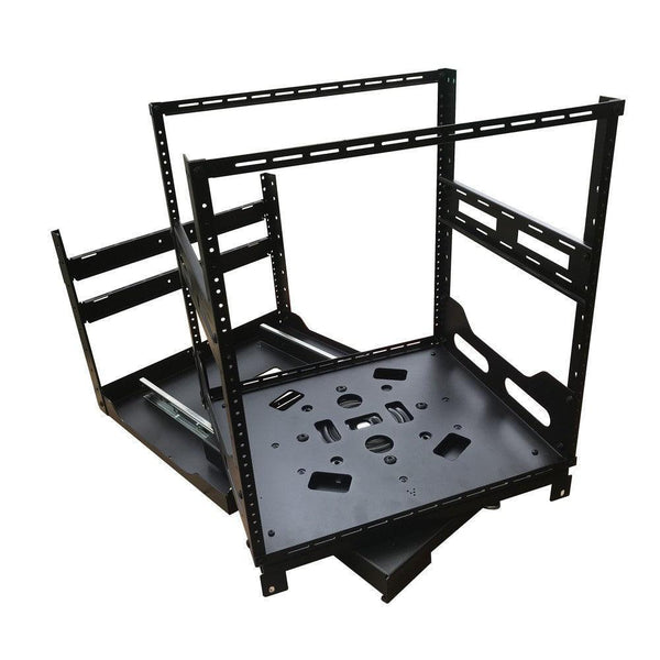 Black metal server rack frame with multiple shelves and mounting holes.
