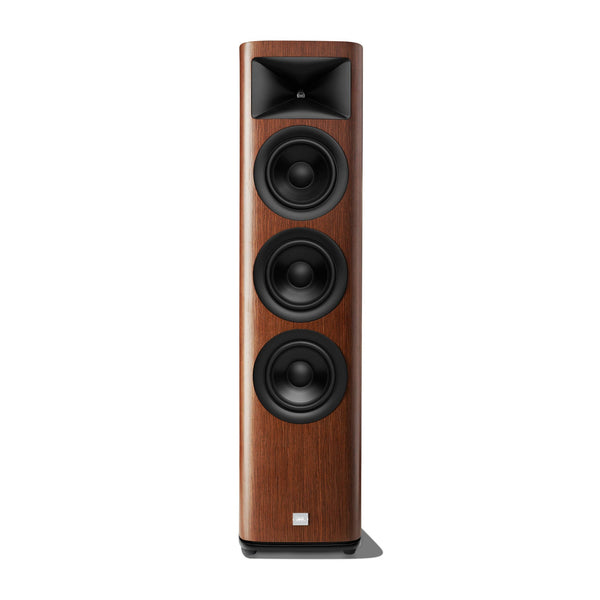 Tall, modern floor-standing speaker with a rich brown wood finish and three black drivers.