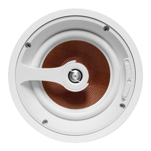 White round in-ceiling speaker with a copper-colored mesh grille and adjustable controls.