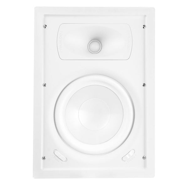 White rectangular in-wall speaker with a large woofer, horn tweeter, and bass/treble switches.