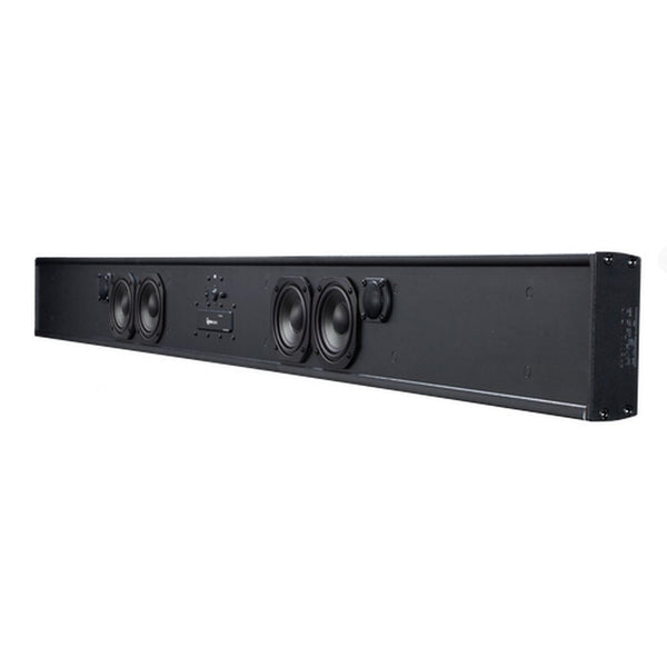 Sleek black soundbar with multiple visible speakers and central controls.