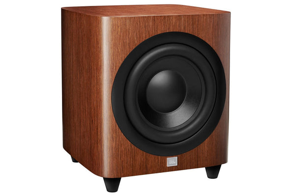 Brown wood-grain subwoofer with a large black speaker cone and silver JBL logo on a white background.