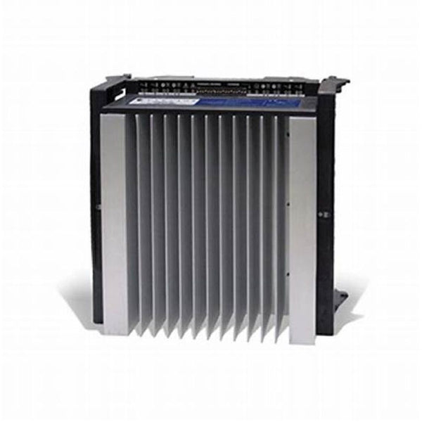 Silver and black industrial control unit with prominent cooling fins on a white background.