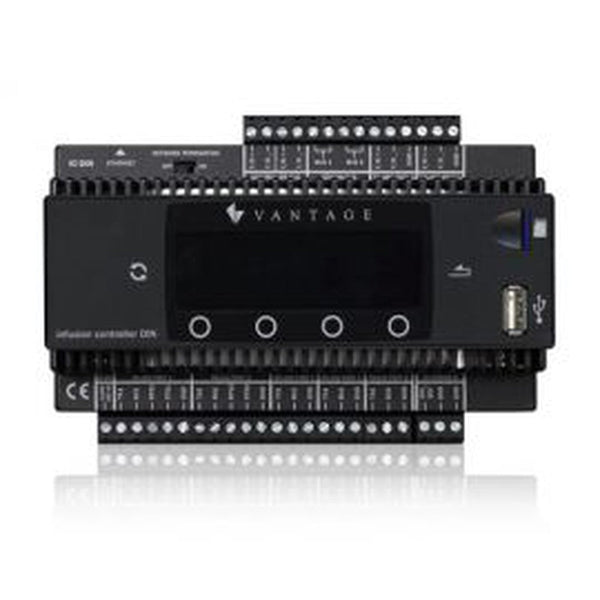 Black Vantage Infusion Controller with multiple terminal blocks and a USB port.