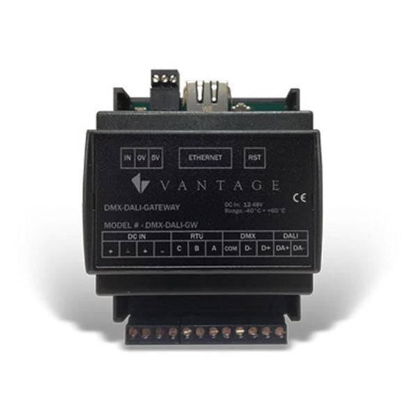 Black Vantage DMX-DALI-GATEWAY control interface with various ports and labels on a white background.