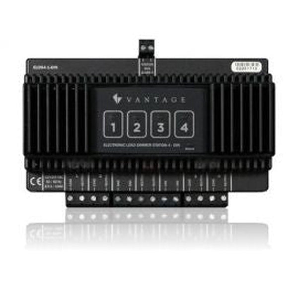 Black Vantage electronic load dimmer station with four numbered control buttons and multiple connection terminals.
