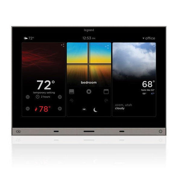 Legrand smart home touchscreen display showing temperature, lighting, and weather controls for different rooms.