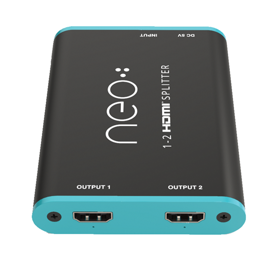 Black and blue Neo 1-2 HDMI splitter with two output ports and an input port.