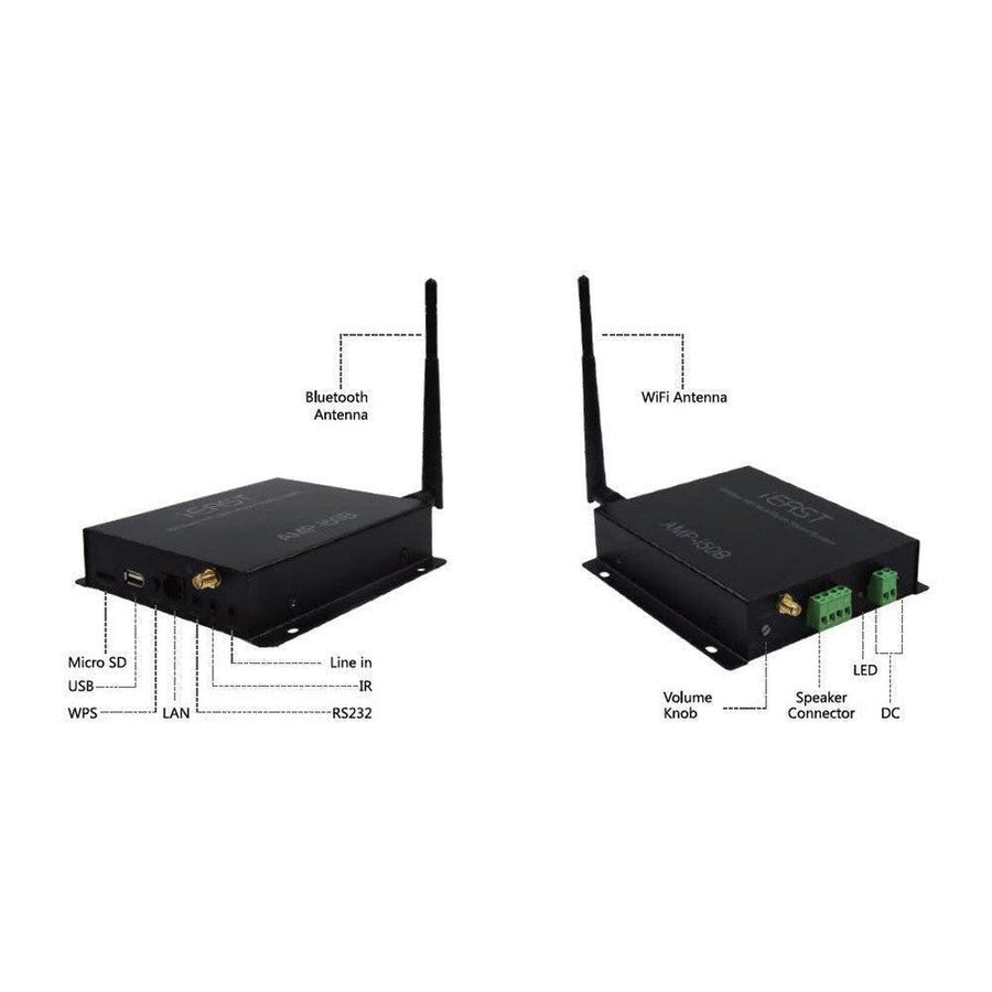iEast Stream Amp i50B, a compact black wireless multi-room stereo amplifier with antennas and labeled ports.